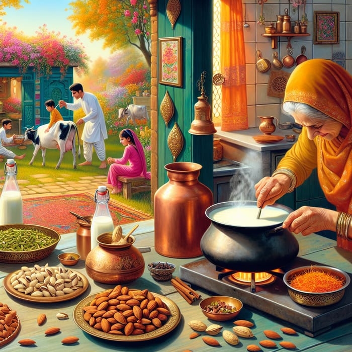 Traditional Indian Kitchen: Colors, Kids Playing, Saffron Milk and Aroma