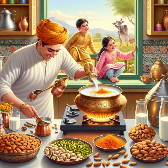 Warm and Inviting Traditional Indian Kitchen Scene with Kids Playing and Cow Milking