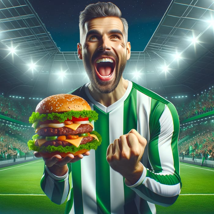 Soccer Player Triumphantly Holds Burger Trophy in Stadium