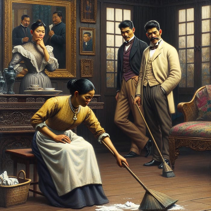 Filipino Woman Cleaning Floor - 19th Century Social Class Contrast