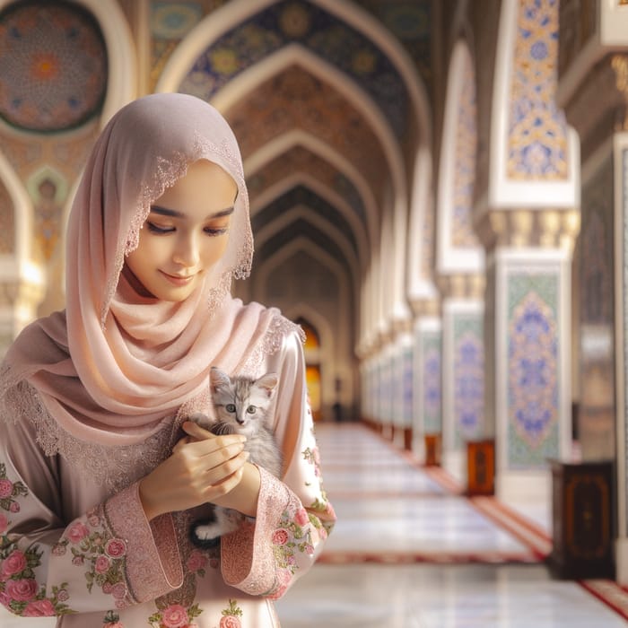 Woman in Baju Kurung with Pink Scarf Holding Kitten in Mosque