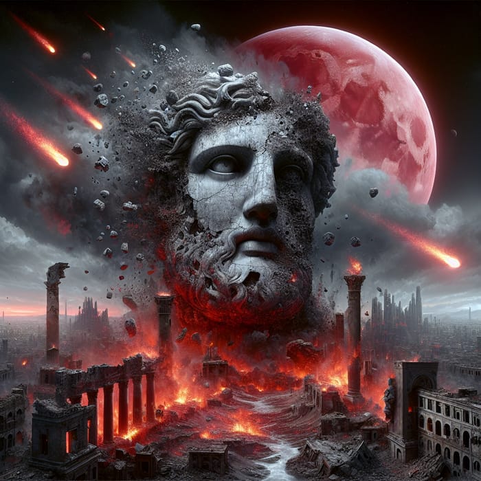 Hyperrealistic Post-Apocalyptic Scene with Antique Statue & Red Moon