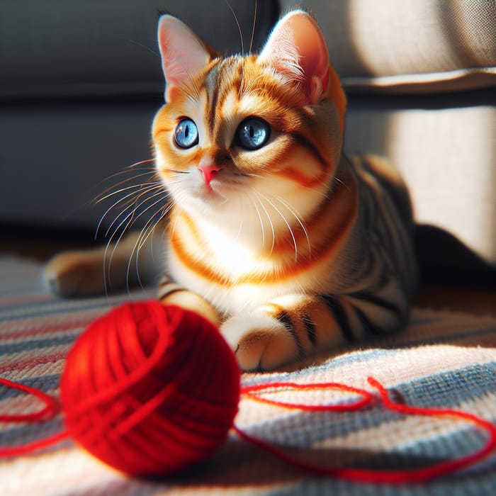 Playful Orange & White Striped Cat - Engrossed in Yarn Play
