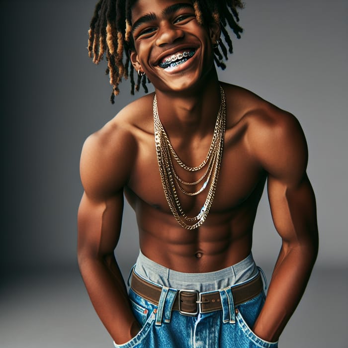 Happy Black Teen with Braces, Gold Chains, and Muscular Style
