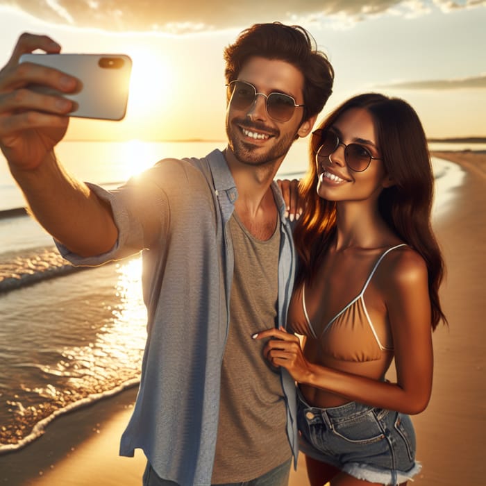 Beach Couple Selfie: Enjoying Sunset on the Shore