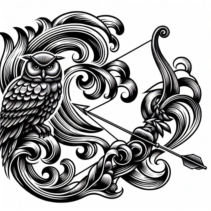 Intricate Wave, Owl, Bow & Arrow Tattoo Design