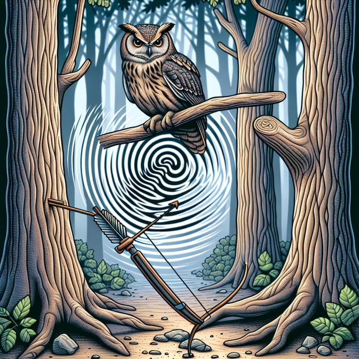 Tranquil Owl Scene with Wave and Arrow - Nature Art