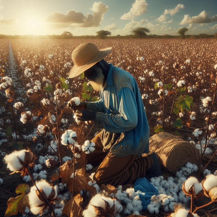 Hardworking Black Man Picking Cotton in Expansive Fields