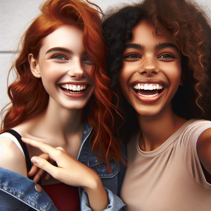 Redhead & Curly-Haired Best Friends Laughing Together