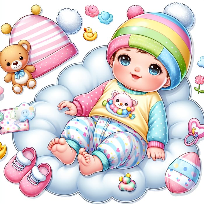 Cute Baby in Colorful Outfit on Soft Cloud Blanket