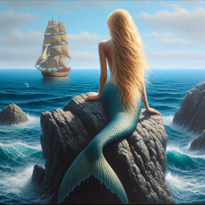 Blond Siren Sitting on Rock in Ocean with Sailing Boat View