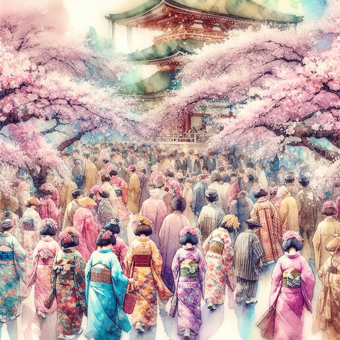 Vibrant Cherry Blossom Festival Watercolor Art
