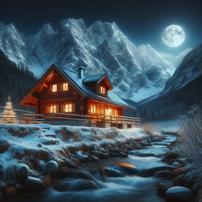 Cozy Log Cabin by Stream with Moonlit Mountain View