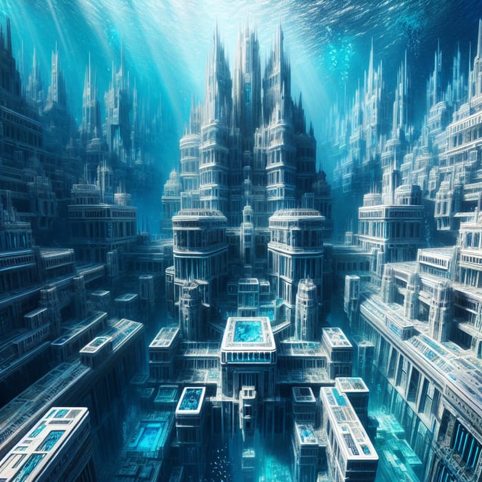 Majestic Underwater City: Vibrant Blue & Turquoise Architecture