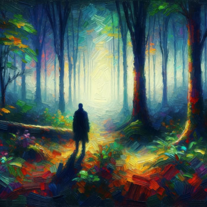 Otherworldly Presence in Vibrant Foggy Forest - Fantasy Art