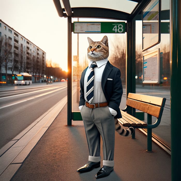Elegant Cat in Business Suit at Urban Bus Stop