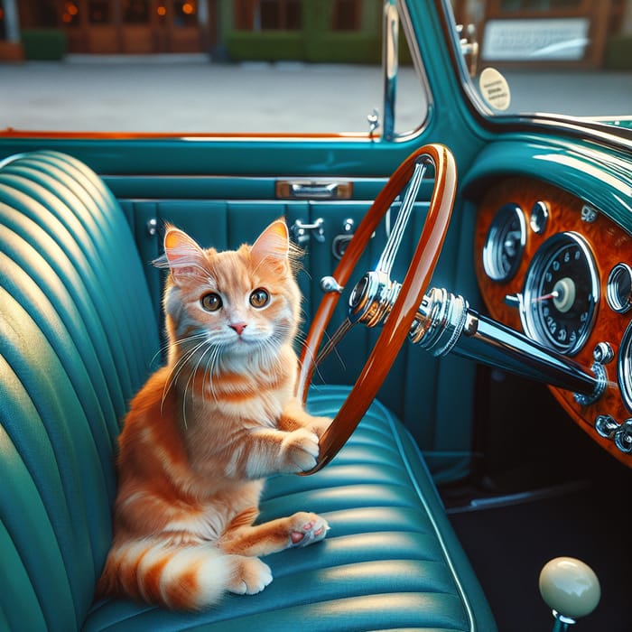 Cute Orange Tabby Cat Driving Vintage Turquoise Car