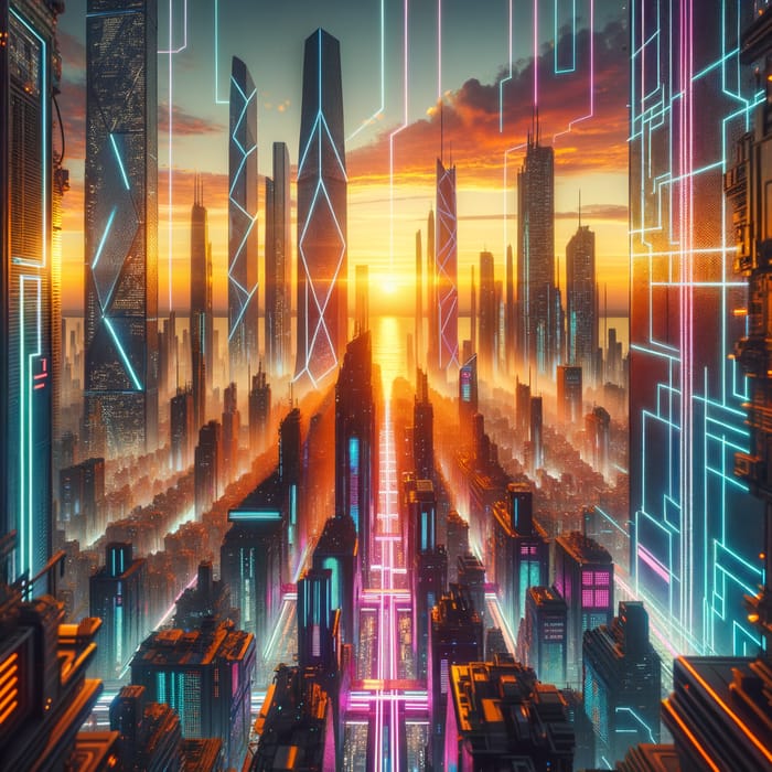 Dystopian Cyberpunk Cityscape at Neon Sunset