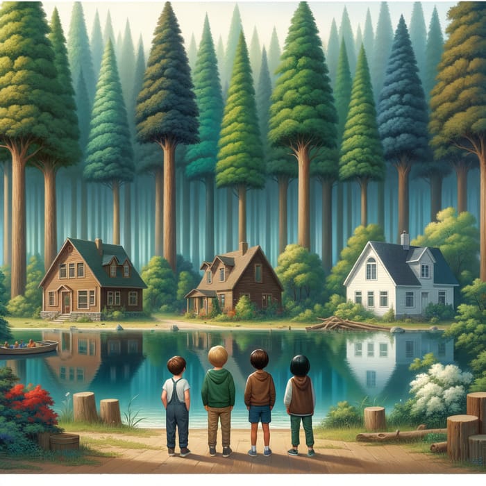 Serene Forest Landscape with Lakeside Houses and Trio of Boys