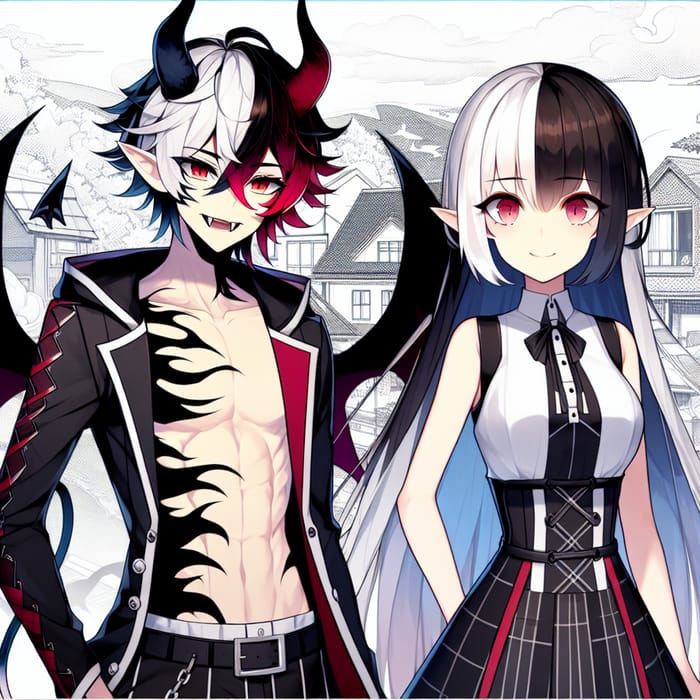Demon Anime Boy & Girl in Black & White Fantasy World