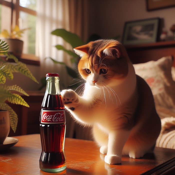 Curious Orange and White Cat Interacting with Coca Cola