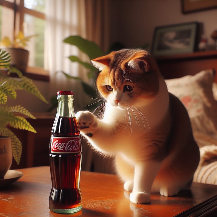 Curious Orange And White Cat Interacting With Coca Cola AI Art 
