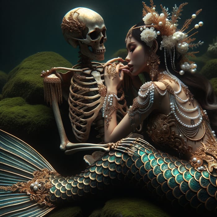 Ethereal Mermaid and Deity Embracing in Mystical Aquatic Portrait