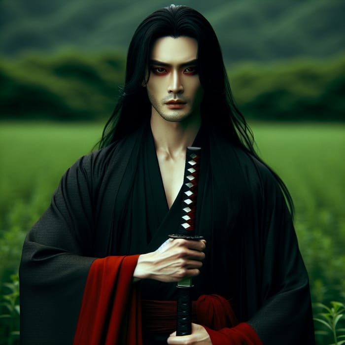 Solemn Samurai Amid Blossoming Meadow