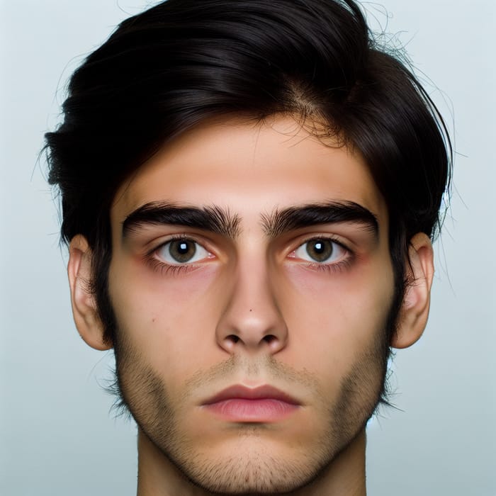22-Year-Old Man with Black Hair and Grey Eyes, Striking Features