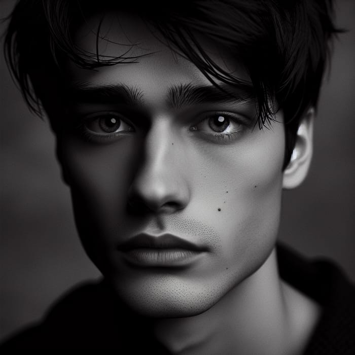 Intense Close-up Portrait of Young Man in Dramatic Black and White Cinematic Lighting