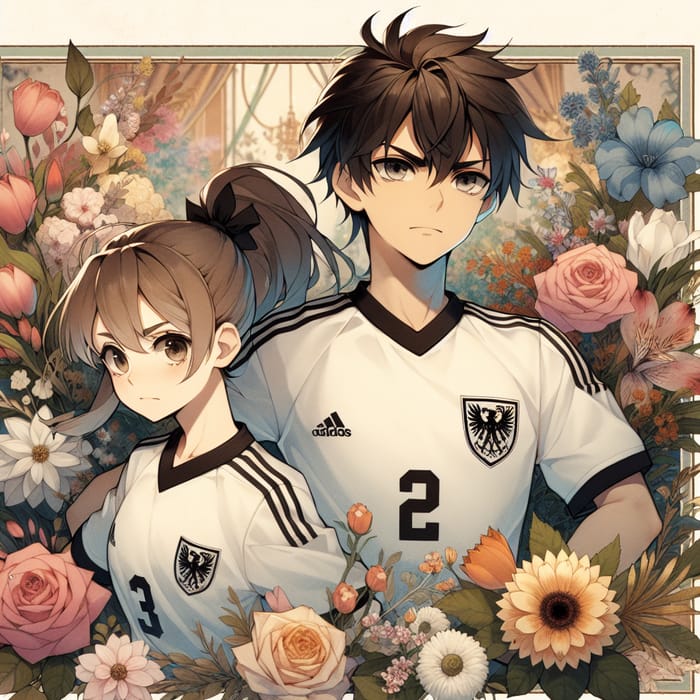 Anime Boy and Girl in Real Madrid Jerseys with Floral Background