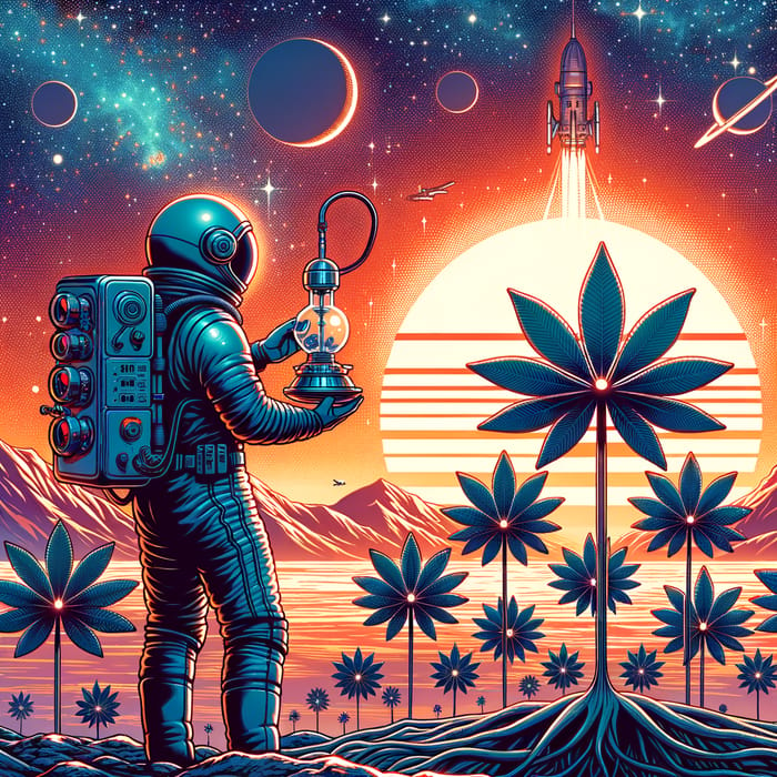 Space Explorer with Cannabis Plants and Bong during Sunset