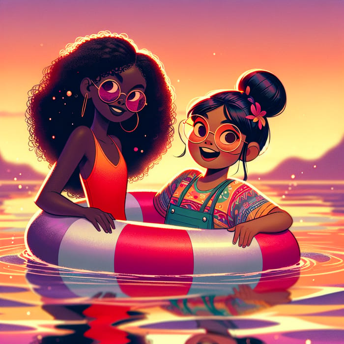 Girls in Water: Twilight Reflection with Smiling Faces