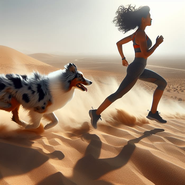 Woman Sprinting in Desert with Australian Shepard
