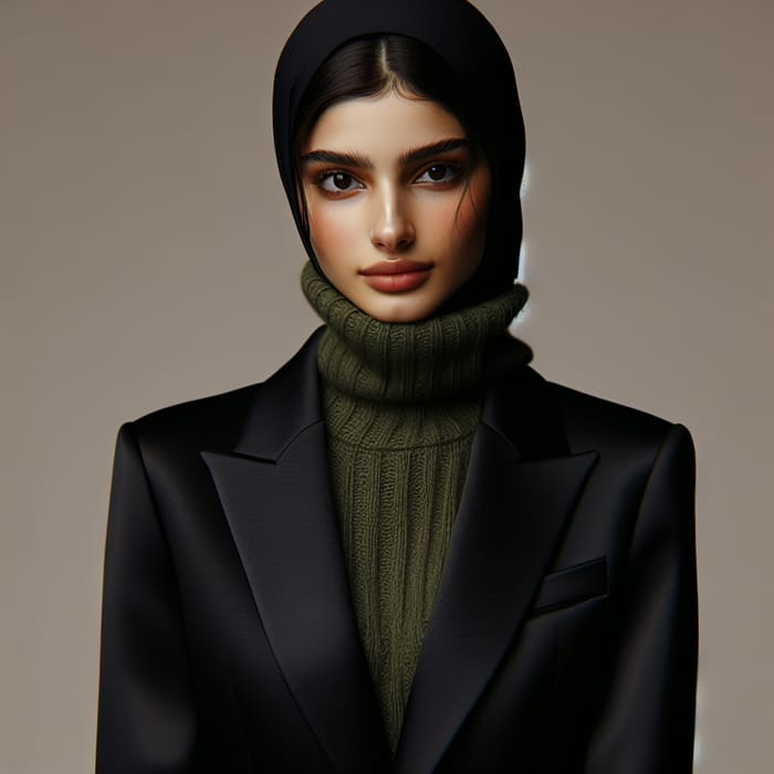Middle-Eastern Girl in Black Suit with Green Turtleneck