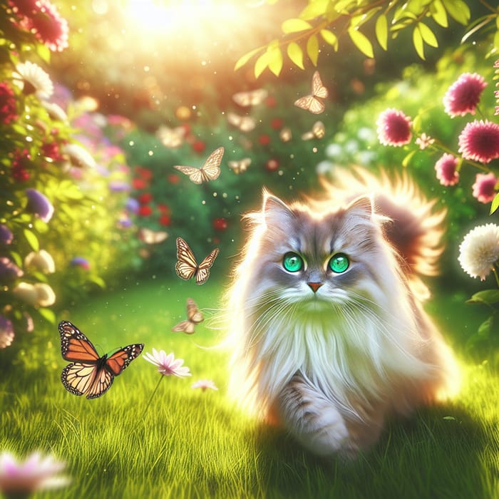Beautiful Fluffy Cat in a Serene Garden | Captivating Scene