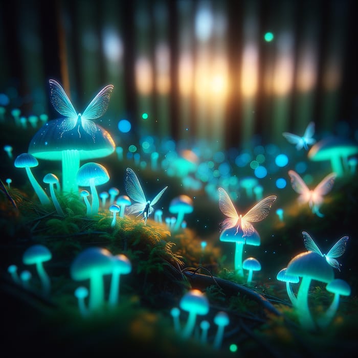 Enchanting Forest Scene: Glowing Mushrooms, Fairies, Fantasy