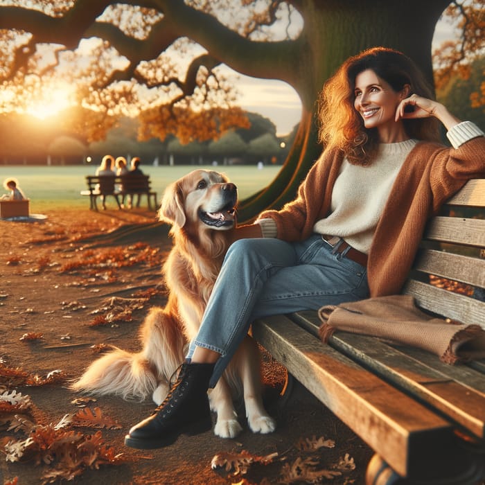 Middle-Eastern Woman with Golden Retriever in Autumn Park - Tranquil Scene with Loving Pet Companion