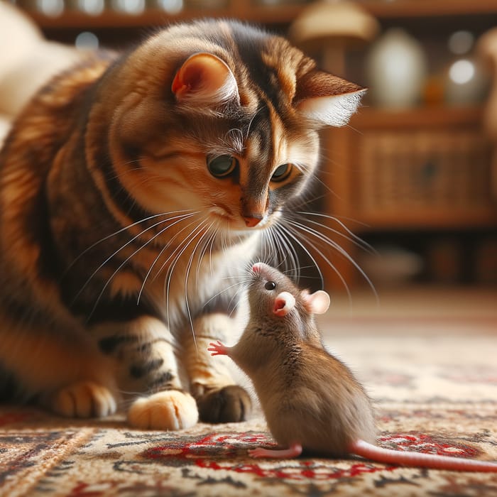 Adorable Cat Playing with Rat in Homely Setting