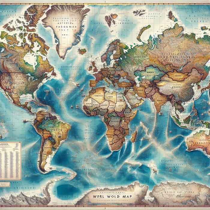 World Map with Continents, Flags, Rivers, and Land Features