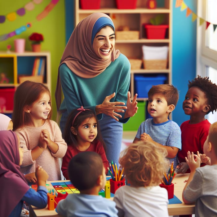 Joyful Preschool Teacher Captivating Diverse Students | Classroom Interaction