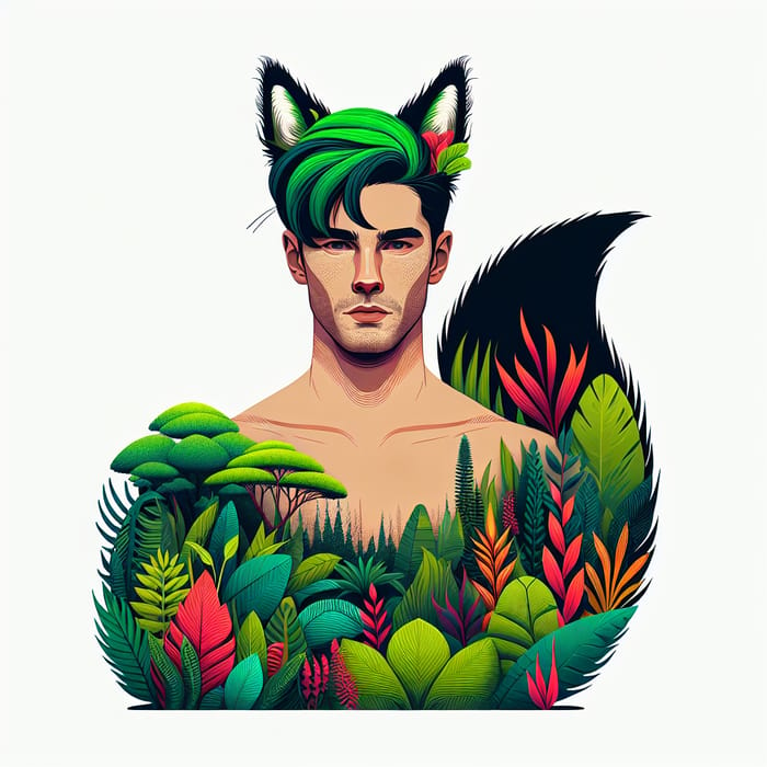 Exotic Fox Man with Black and Green Hairstyle in Tropical Forest