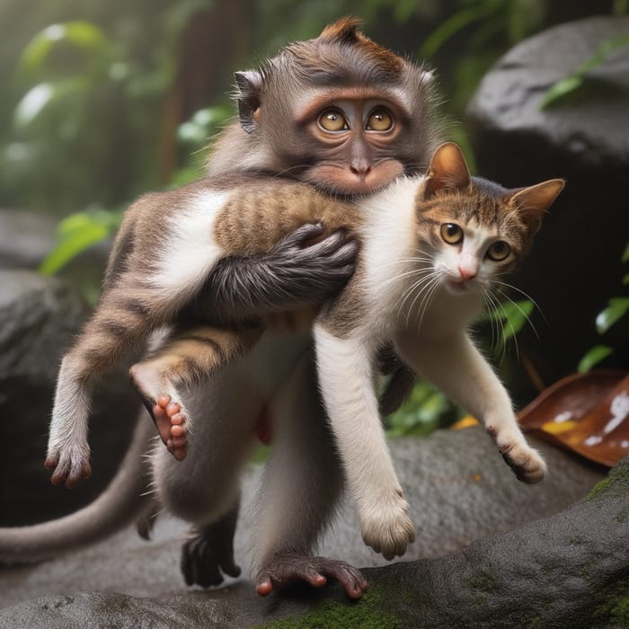 Monkey With Cat in Mouth - Escaping Pursuers