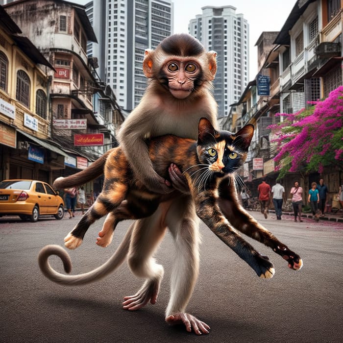 Mischievous Monkey Abducts Cat in Street Chaos