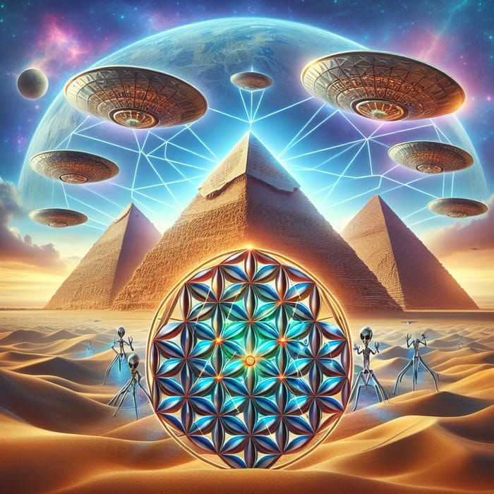 Aliens and Sacred Geometry: Flower of Life in Pyramid Desert Scene