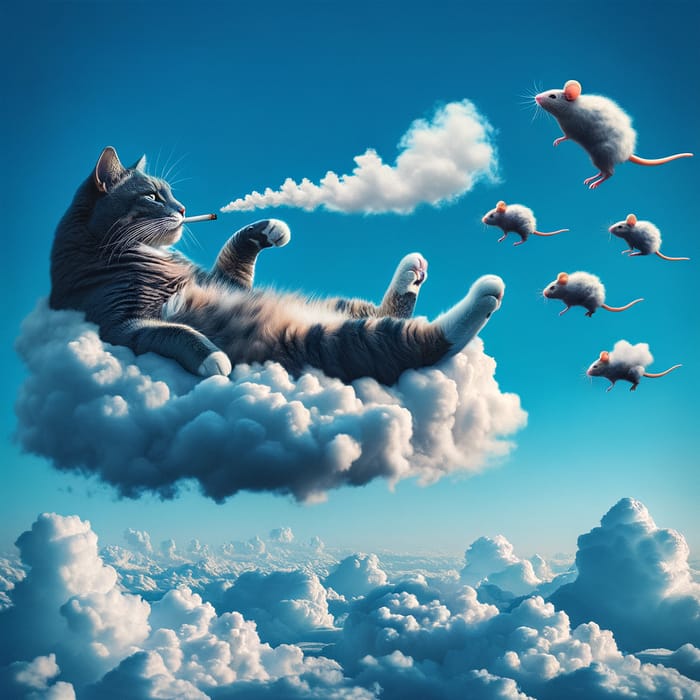Surreal Cat in Cerulean Sky Blowing Whimsical Smoke Shapes