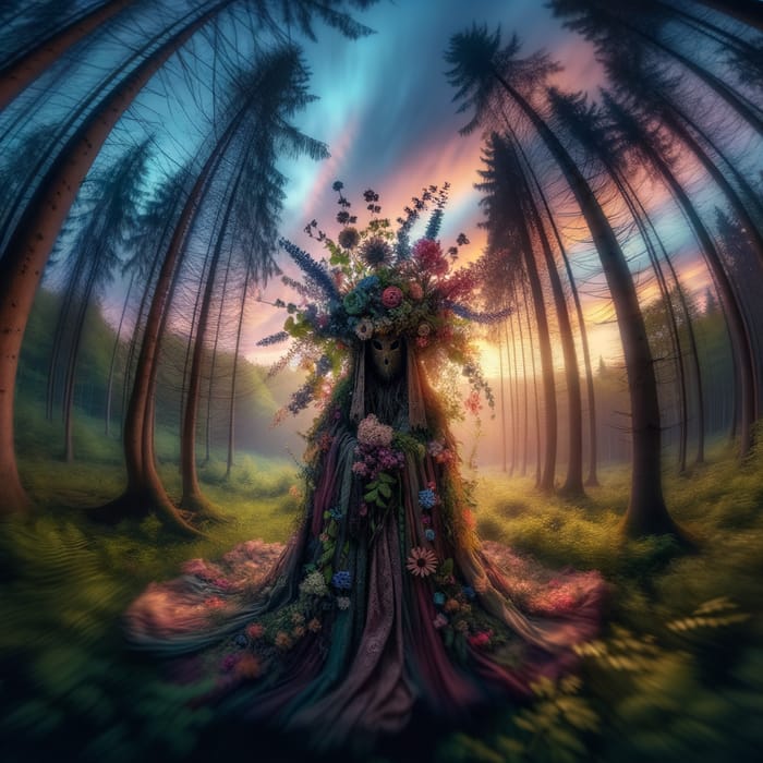 Enchanting Forest Scene at Dusk: Mysterious Figure & Blooming Flowers