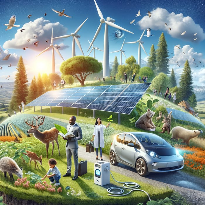 Sustainability Solutions: Solar Panels, Wind Turbine, Electric Car