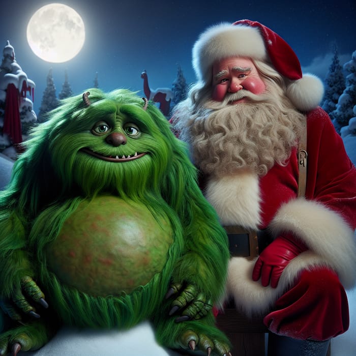 Grinch and Santa: Unlikely Pair in Snowy Setting