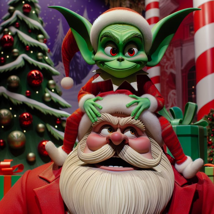 The Grinch Sitting on Santa - Festive Christmas Scene